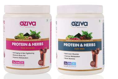 OZIVA PROTEIN & HERBS 'HIS & HER' (PACK OF 2) 500GM, CHOCOLATE WITH FREE SHAKER