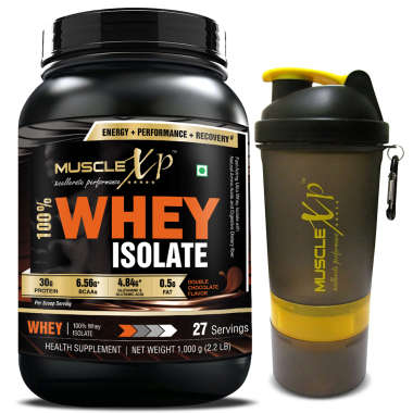 MUSCLEXP 100% WHEY ISOLATE 1KG, DOUBLE CHOCOLATE WITH SHAKER-500ML (DESIGN 9)