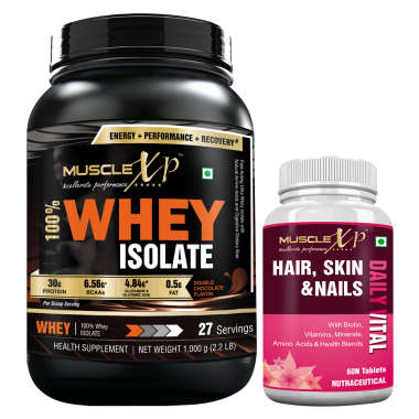 MUSCLEXP 100% WHEY ISOLATE 1KG, DOUBLE CHOCOLATE WITH MUSCLEXP HAIR, SKIN & NAILS ADVANCED MULTIVITAMIN 60 TABLETS