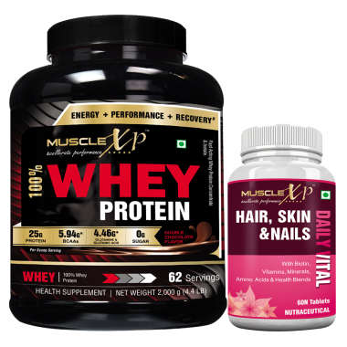 MUSCLEXP 100% WHEY PROTEIN 2KG, DOUBLE CHOCOLATE WITH MUSCLEXP HAIR, SKIN & NAILS ADVANCED MULTIVITAMIN 60 TABLETS