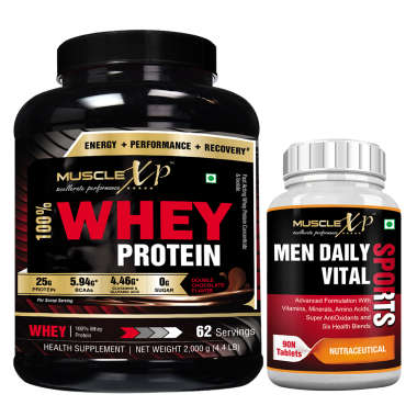 MUSCLEXP 100% WHEY PROTEIN 2KG, DOUBLE CHOCOLATE WITH MEN DAILY VITAL SPORTS MULTIVITAMIN 90 TABLETS