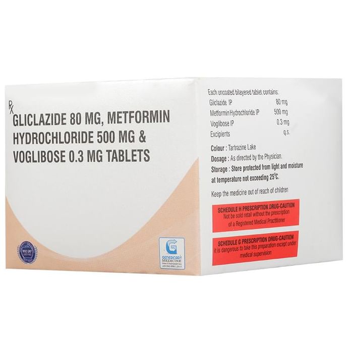 Genericart Voglibose+Metformin Hydrochloride+Gliclazide 0.3mg + 500mg + 80mg Tablet