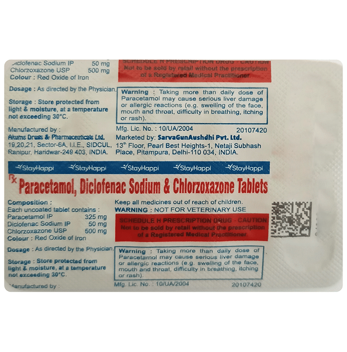 StayHappi Chlorzoxazone+Diclofenac+Paracetamol 500mg/50mg/325mg Tablet