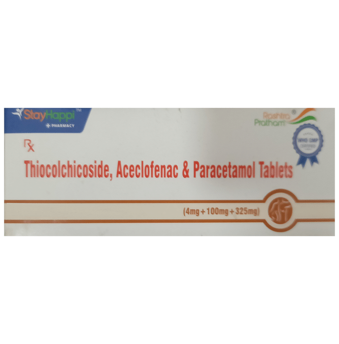 StayHappi Thiocolchicoside+Aceclofenac+Paracetamol 4mg/100mg/325mg Tablet