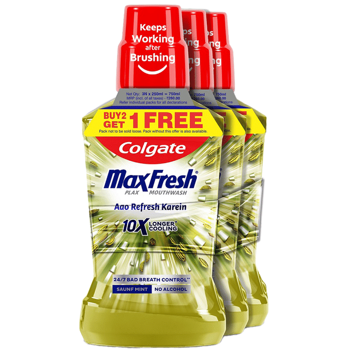 Colgate Maxfree Plax Mouthwash (250ml Each) Saunf Mint Buy 2 Get 1 Free