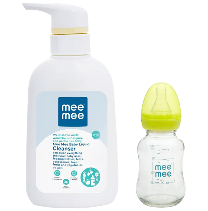 Mee Mee Combo Pack of Baby Liquid Cleanser (300ml) & Premium Glass Feeding Bottle - Blue (125 ml)