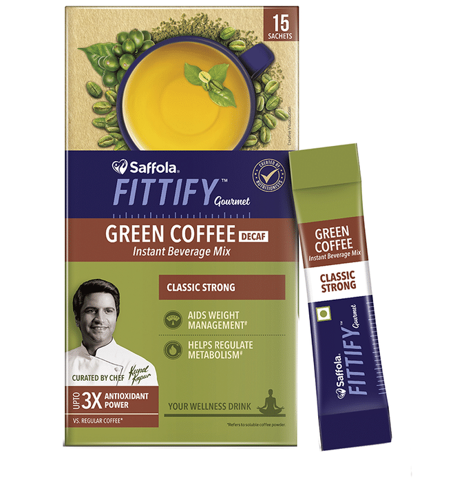 Saffola Fittify Green Coffee Decaf Instant Beverage Mix Sachet (2gm Each) Classic Strong