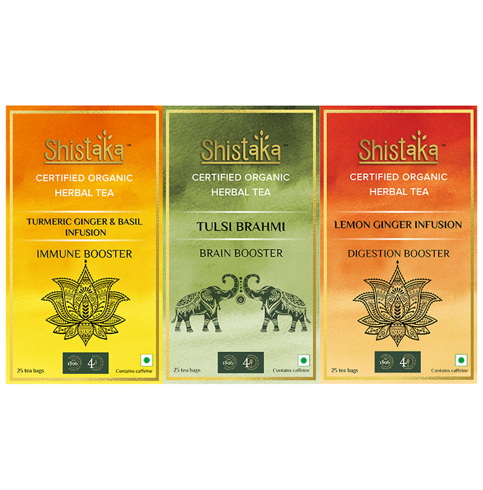Shistaka Combo Pack of Certified Organic Herbal Tea (1.8gm Each) Turmeric Ginger & Basil Infusion,Tulsi Brahmi & Lemon Ginger Infusion