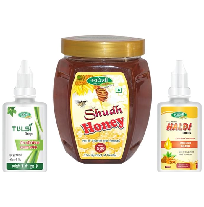 Swadeshi Combo Pack of Shudh Honey 500gm, Tulsi Drop 15ml & Haldi Drop 30ml with Digstv Amla Sweet Candy 100gm Free
