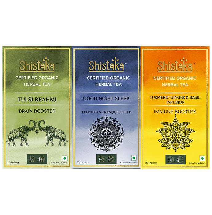 Shistaka Combo Pack of Certified Organic Herbal Tea (1.8gm Each) Tulsi Brahmi,Good Night Sleep & Turmeric Ginger & Basil Infusion
