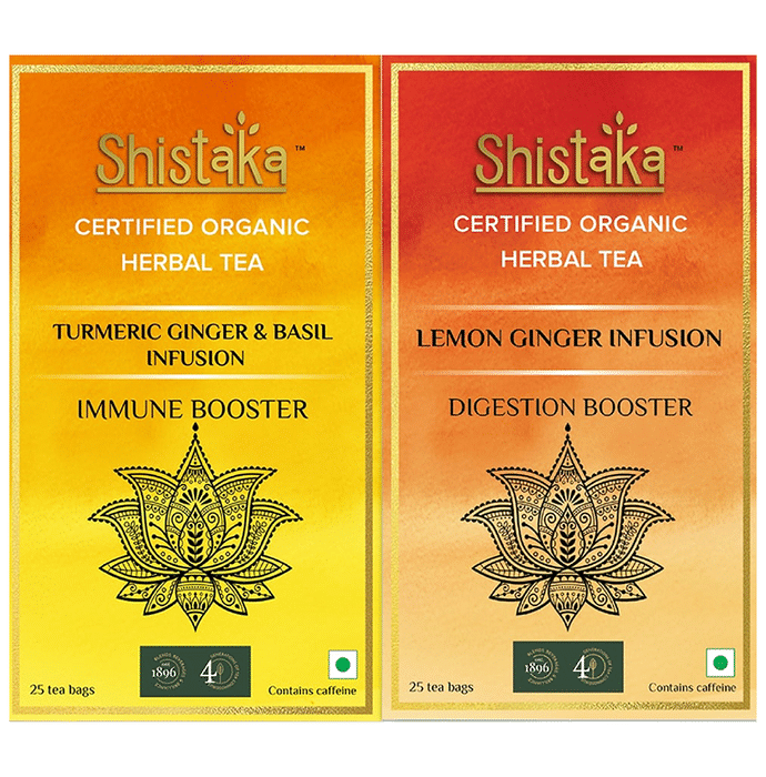 Shistaka Combo Pack of Certified Organic Herbal Tea (1.8gm Each) Turmeric Ginger & Basil Infusion & Lemon Ginger Infusion