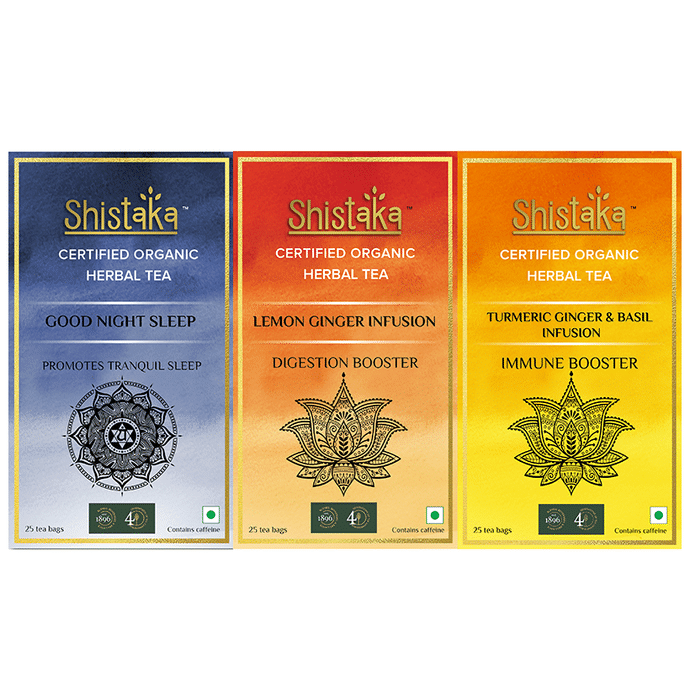 Shistaka Combo Pack of Certified Organic Herbal Tea (1.8gm Each) Good Night Sleep,Lemon Ginger Infusion & Turmeric Ginger & Basil Infusion