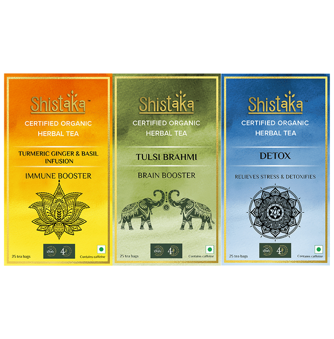Shistaka Combo Pack of Certified Organic Herbal Tea (1.8gm Each) Turmeric Ginger & Basil Infusion,Tulsi Brahmi & Detox