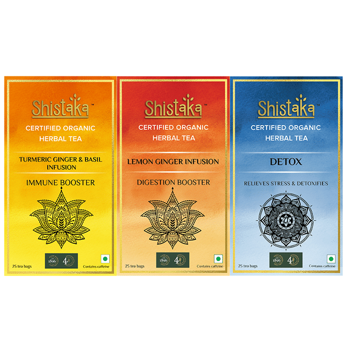 Shistaka Combo Pack of Certified Organic Herbal Tea (1.8gm Each) Turmeric Ginger & Basil Infusion,Lemon Ginger Infusion & Detox