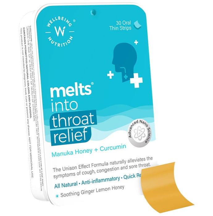 Wellbeing Nutrition Melts into Throat Relief Manuka Honey + Curcumin Oral Thin Strip Soothing Ginger Lemon Honey