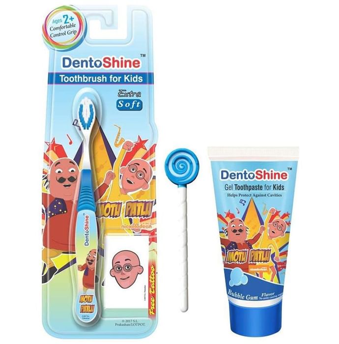 DentoShine Combo Pack of CC Grip Toothbrush for Kids, Lollipop Tongue Cleaner and Bubblegum Flavoured Toothpaste 80gm