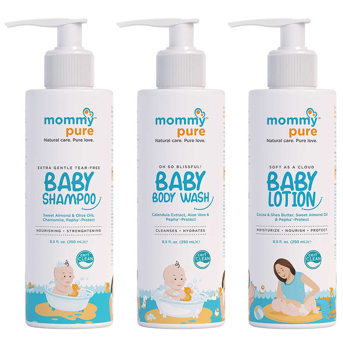 Mommypure Combo Pack of Soft As A Cloud Baby Lotion, Extra Gentle Tear-Free Shampoo and Oh So Blissful! Baby Body Wash (250ml Each)