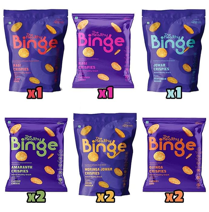 The Healthy Binge Assorted Pack of Ragi Crispies Cajun Spice, Ragi Crispies Chatpata Chaat, Jowar Crispies Sour Cream Wasabi, Amaranth Crispies Classic Cheese, Moringa Jowar Crispies Indian Masala & Quinoa Crispies (40gm Each)