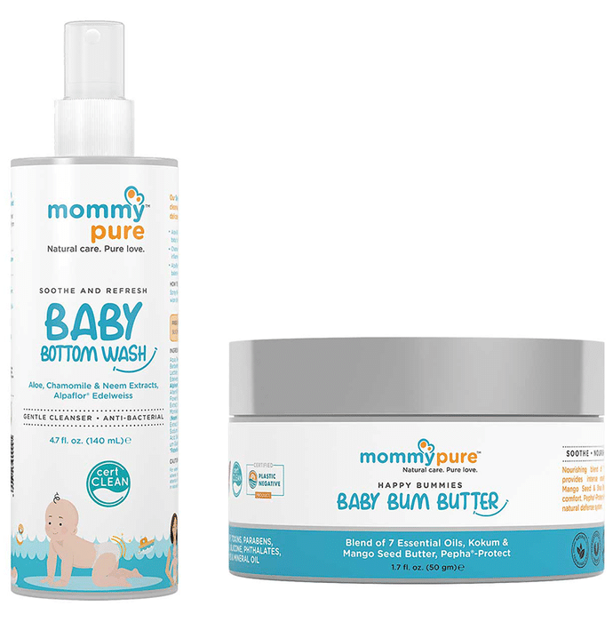 Mommypure Combo Pack of Soothe & Refresh Bottom Wash 140ml and Happy Bummies Baby Bum Butter Cream 50gm
