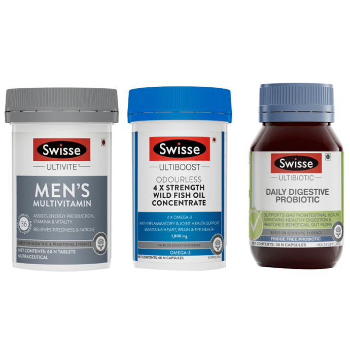 Swisse Combo Pack of Ultivite Men's Multivitamin 60 Tablet, Ultiboost Odourless 4x Strength Wild Fish Oil Concentrate 60 Capsule & Ultibiotic Daily Digestive Probiotic 30 Capsule