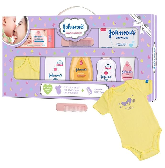 Johnson's Baby Care Collection Gift Box with Organic Cotton Bib - 8 Gift Items