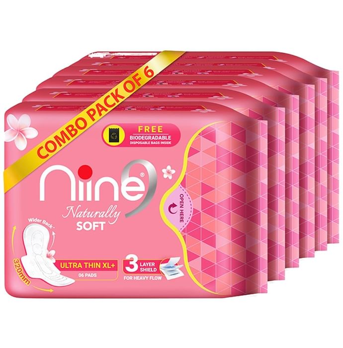 Niine Naturally Soft Pads (6 Each) with Biodegradable Disposal Bag Inside Free Ultra Thin XL+