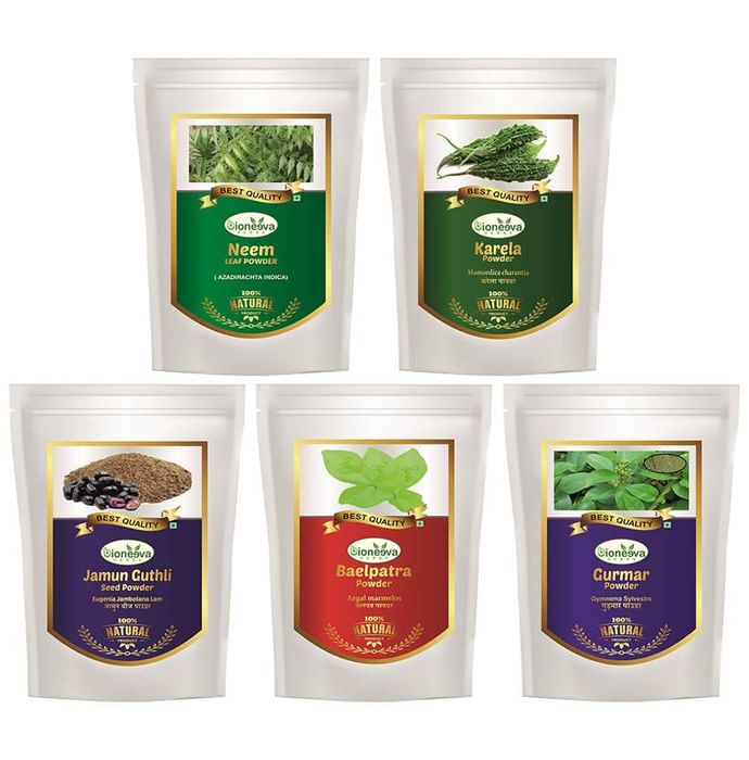 Bioneeva Herbs Combo Pack of Neem Leaf, Karela, Gurmar, Baelpatra & Jamun Guthli Seed Powder (100gm Each)