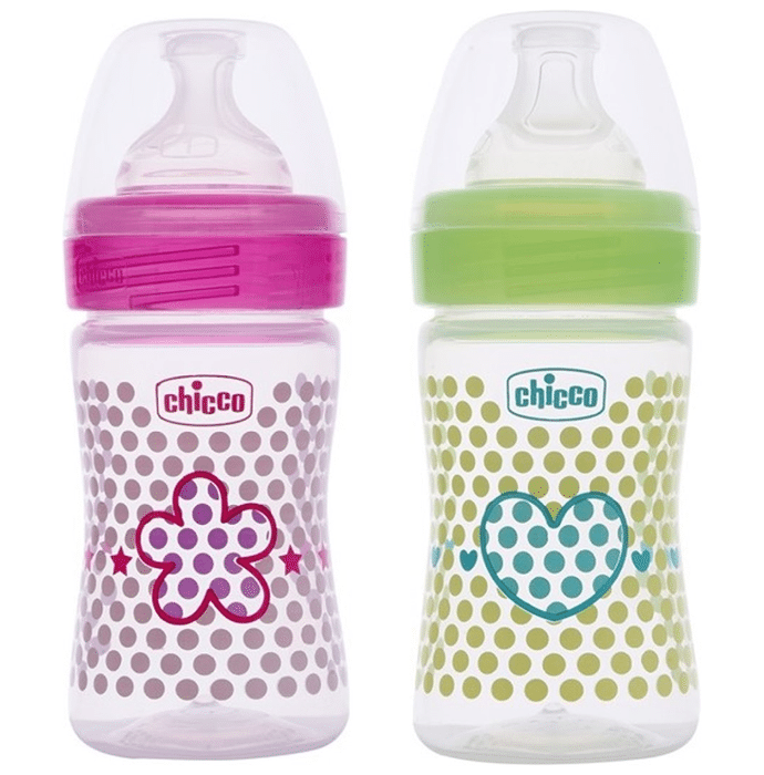 Chicco Bipack WellBeing Feeding Bottle Pink and Green Pack of 2