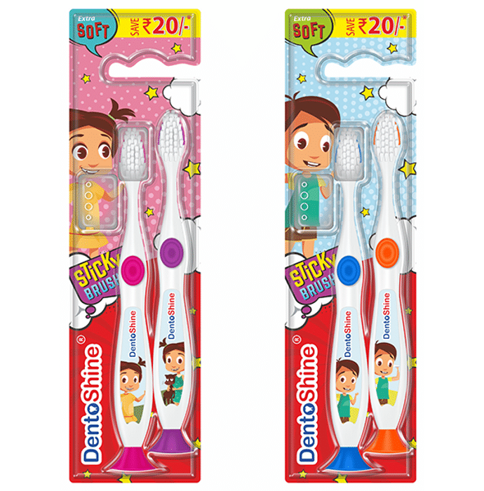 DentoShine Sticky Toothbrush Twin Pack for Kids (Pink & Purple + Blue & Orange)