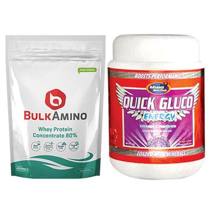 Advance Nutratech Combo Pack of Bulk Amino Whey Protein Concentrate 80% 1Kg Powder and Quick Gluco Energy 1kg Orange