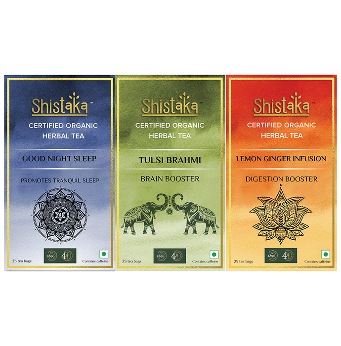 Shistaka Combo Pack of Certified Organic Herbal Tea (1.8gm Each) Good Night Sleep,Tulsi Brahmi & Lemon Ginger Infusion