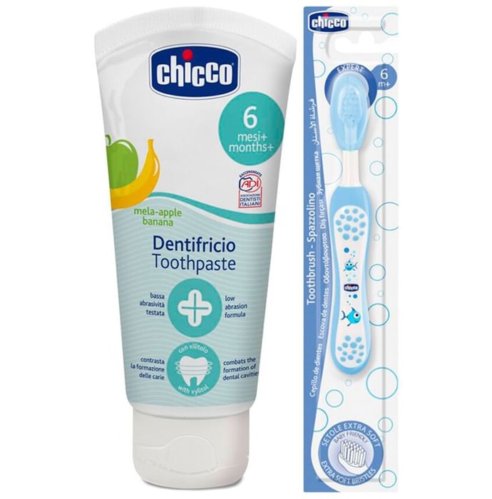 Chicco Combo Pack of Dentifricio Toothpaste 6M+ Mela Apple Banana 50ml & Blue Toothbrush