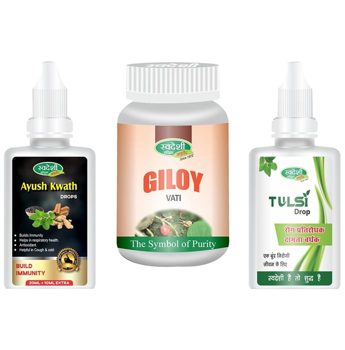 Swadeshi Combo Pack of Ayush Kwath Drops 30ml, Tulsi Drop 15ml & Giloy Vati 60 with Digstv Amla Sweet Candy 100gm Free