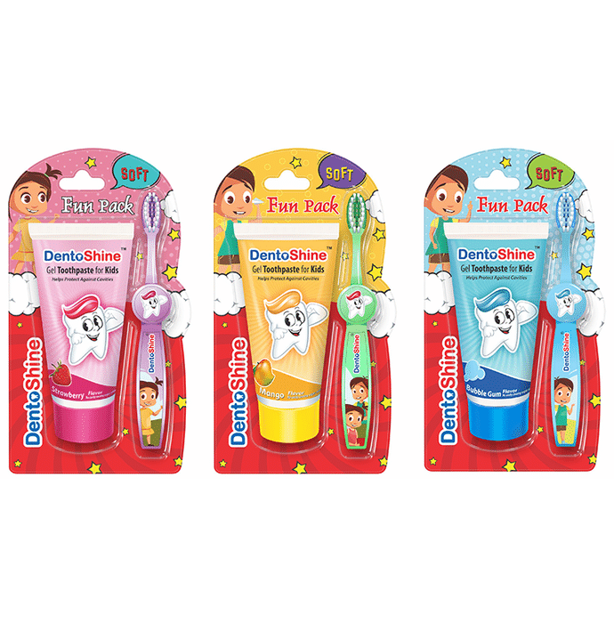 DentoShine Fun Pack for Kids Toothpaste (Strawberry, Mango & Bubble Gum) with Toothbrush (Purple, Blue and Green )