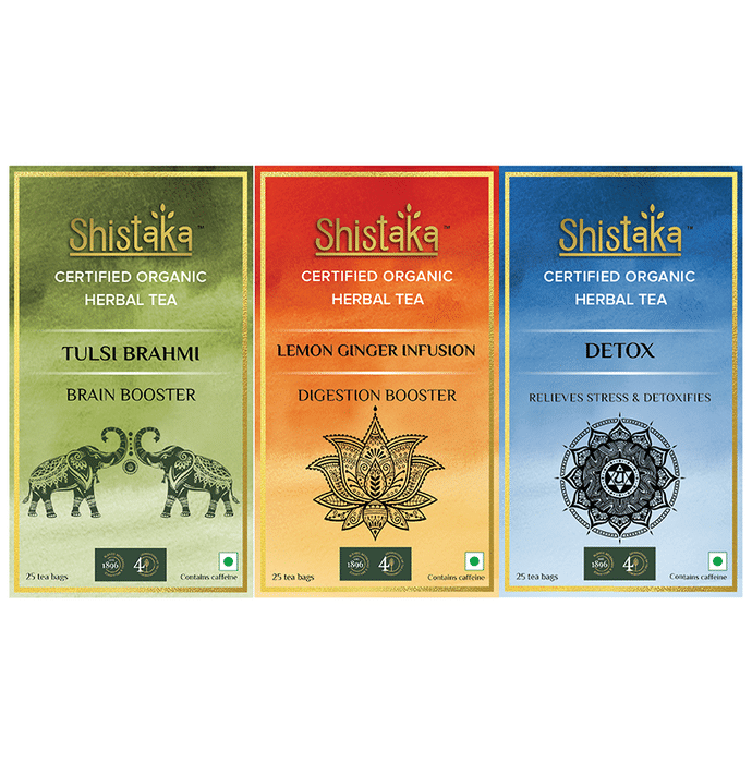 Shistaka Combo Pack of Certified Organic Herbal Tea (1.8gm Each) Tulsi Brahmi, Lemon Ginger Infusion & Detox