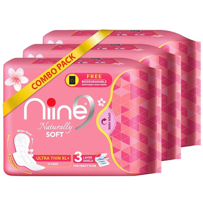 Niine Naturally Soft Pads (15 Each) with Biodegradable Disposal Bag Inside Free Ultra Thin XL+