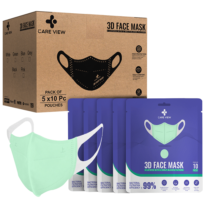 Care View 3 Dimensional Disposable Face Mask with 4 Layered Filtration and Soft Non-Woven Spandex Ear Loops Green Pouch