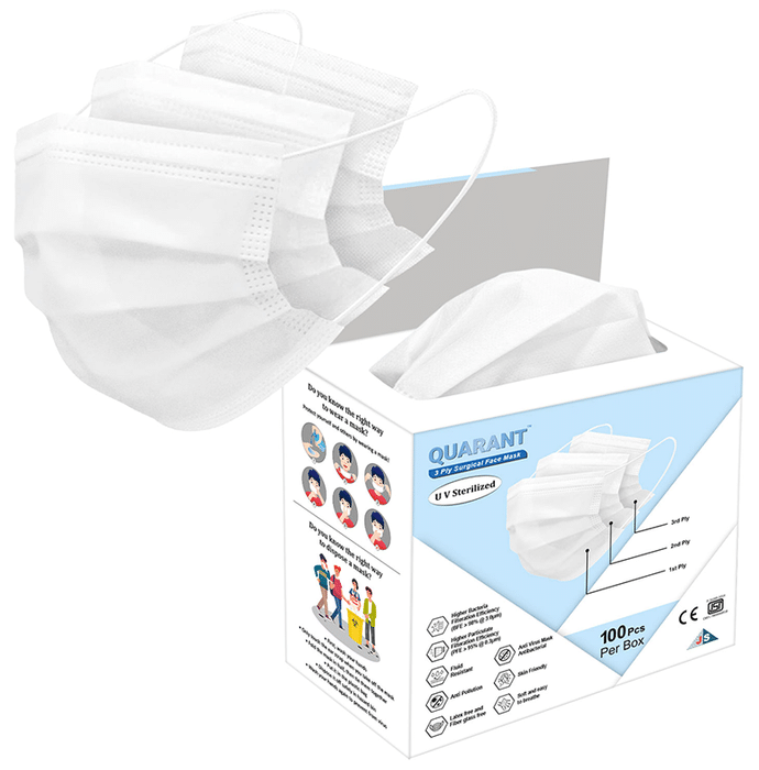 Quarant 3 Ply Disposable Surgical Face Mask with Adjustable Nose Pin, UV Sterilized (100 Each) White