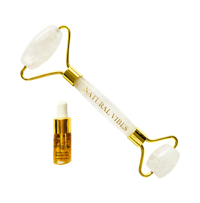 Natural Vibes Crystal Quartz Roller & Massager with Gold Beauty Ellixir Oil 3ml Free