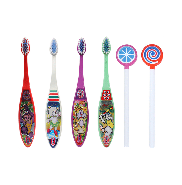 Maxi Oral Care Junior Pack of 4 Toffee Junior Toothbrush and 2 Lollipop Tongue Cleaner