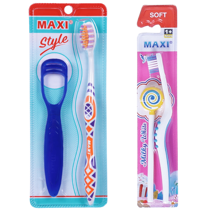 Maxi Oral Care Family Pack of 1 Style Toothbrush & Tongue Cleaner 1 Milky White Baby Toothbrush and Tongue Cleaner