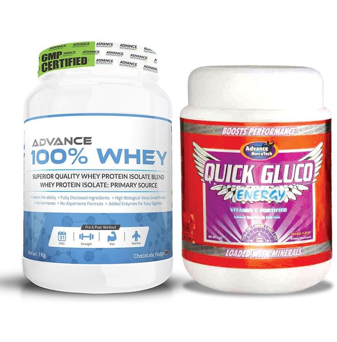 Advance Nutratech Combo of 100% Whey Protein Chocolate 1Kg and Quick Gluco Energy 1kg Orange