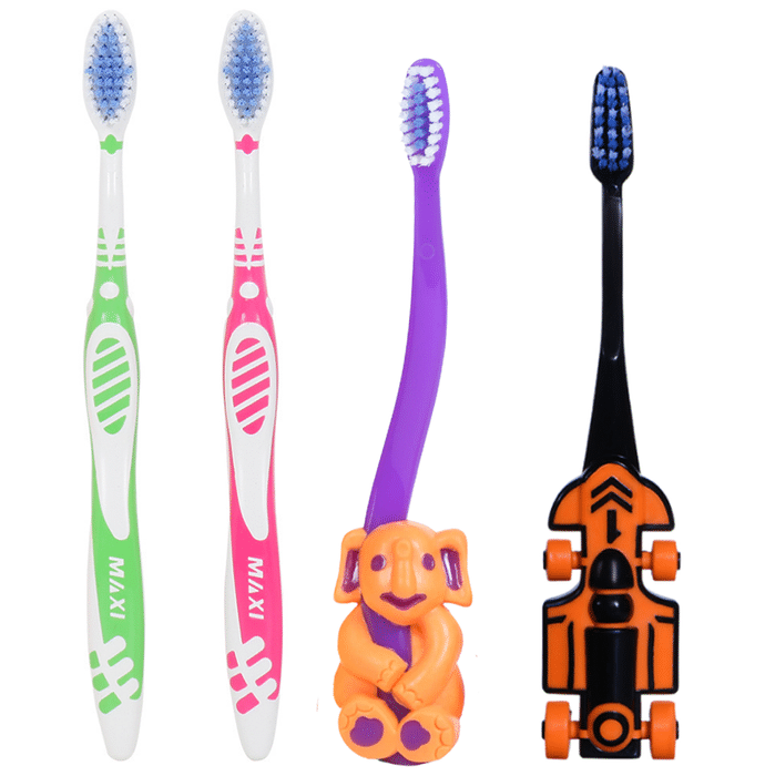Maxi Oral Care Family Pack of 1 Zoom Car Junior Toothbrush, 1 Bingo Junior Toothbrush and 2 Adult Sensitive+ Toothbrush