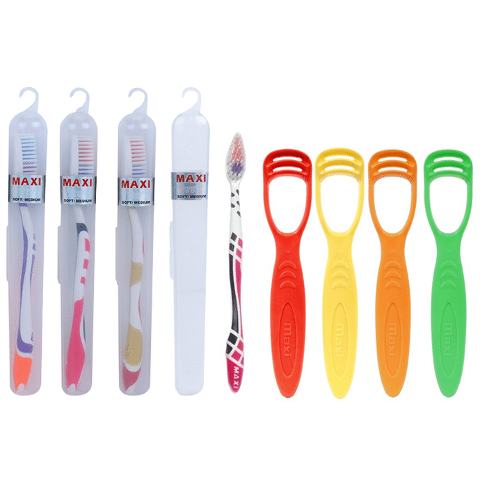 Maxi Oral Care Travel Pack of 4 Travel Packs For You Toothbrush & 4 Tongue Cleaner 1 Number