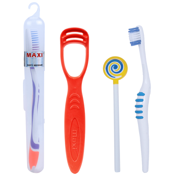 Maxi Oral Care Travel Pack of 1 Adult Toothbrush , 1 Number Tongue Cleaner , Milky White Toothbrush & Baby Tongue Cleaner