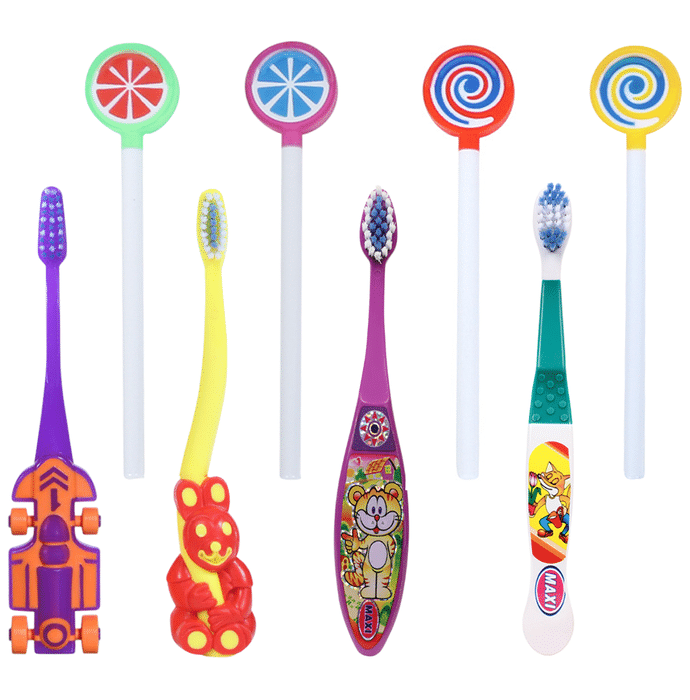 Maxi Oral Care Junior Pack of 1 Zoom Car Junior Toothbrush, 1 Bingo Junior Toothbrush, 1 Toffee Junior Toothbrush, 1 Dolls Junior Toothbrush and 4 Lollipop Tongue Cleaner