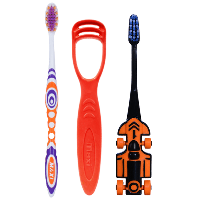 Maxi Oral Care Family Pack of 1 Zoom Car Junior Toothbrush, 1 Adult Style Toothbrush and 1 Tongue Cleaner