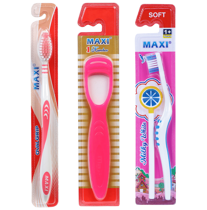 Maxi Oral Care Combo Pack of Oval Grip Soft Toothbrush , 1 Number Tongue Cleaner & Milky White Baby Soft Toothbrush and Tongue Cleaner