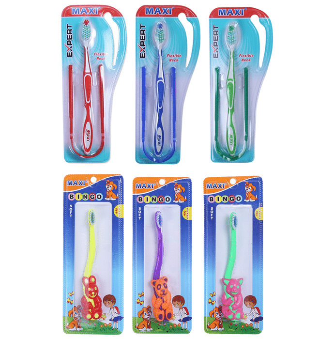 Maxi Oral Care Family Pack of 3 Bingo Junior Toothbrush, 3 Adult Expert Toothbrush and 3 Tongue Cleaner