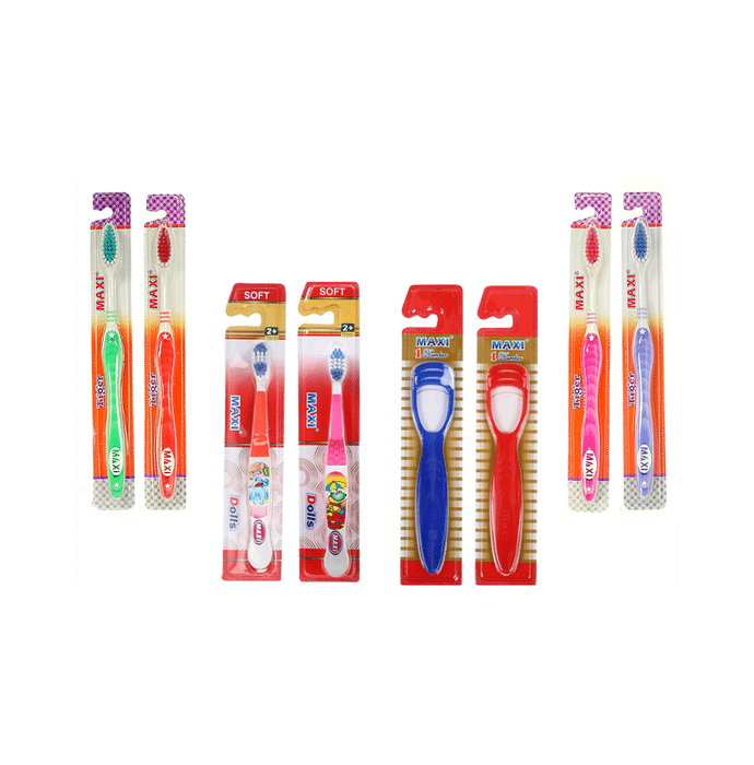Maxi Oral Care Family Pack of 4 Adults Tiger Toothbrush, 2 Kids Dolls Junior Toothbrush & 2 Tongue Cleaner 1 Number